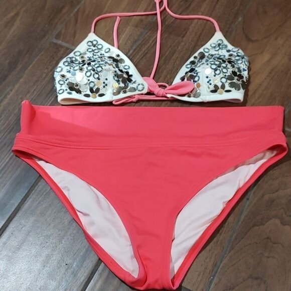 Victoria secret L coral pink sequins beaded bikini - Picture 1 of 4
